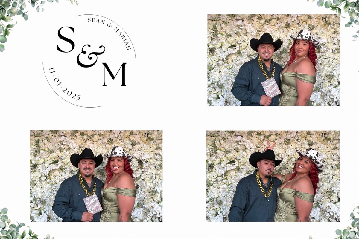 Wedding photo booth Fort Worth custom-branded photo strip with flower wall backdrop